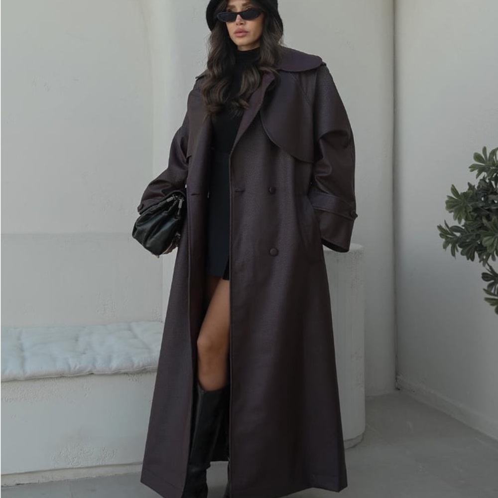 Burgundy Faux Leather Trench Coat - Picture 7 of 8